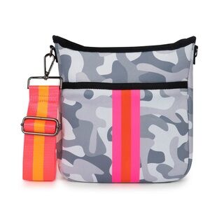 Camouflage neoprene Crossbody Bag with Pink and Orange Strap
